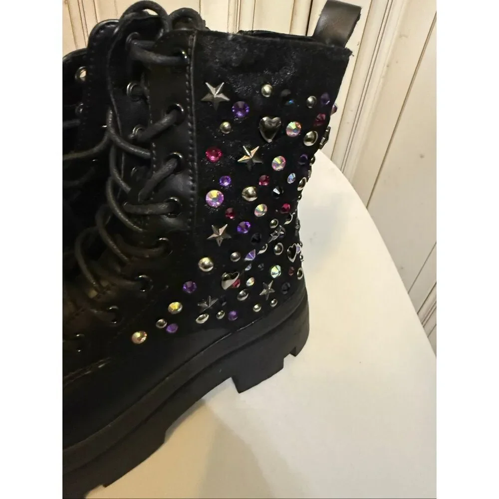 Steve Madden Kids' JKrissen Glitter Stud Embellished Combat Boots Black Size 2